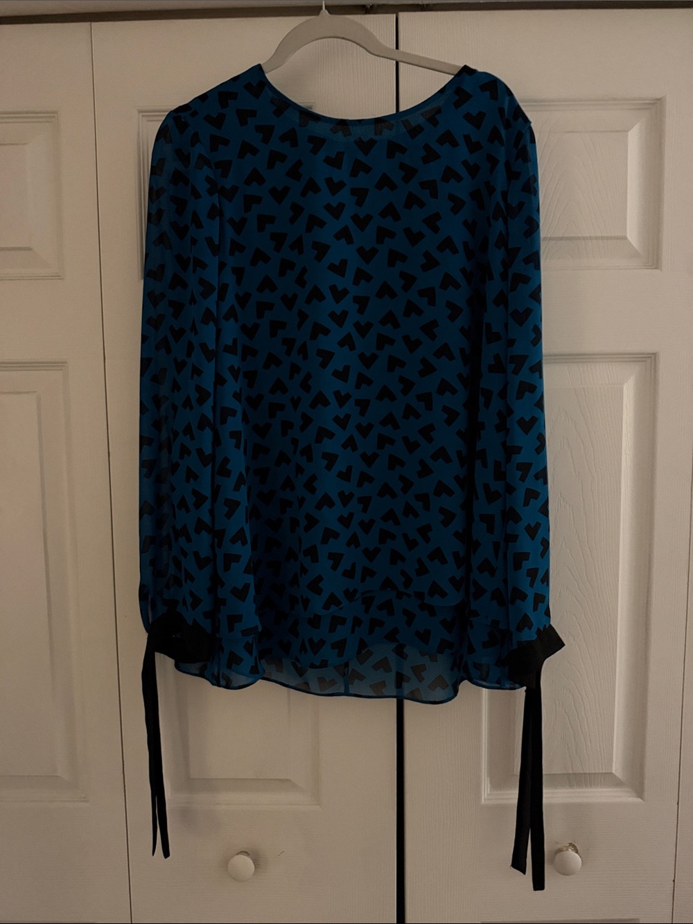Anne Klein Teal Blue Blouse with Black Geometric Print